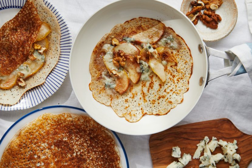 Rice-coconut pancakes with caramelized pear, gorgonzola and walnuts